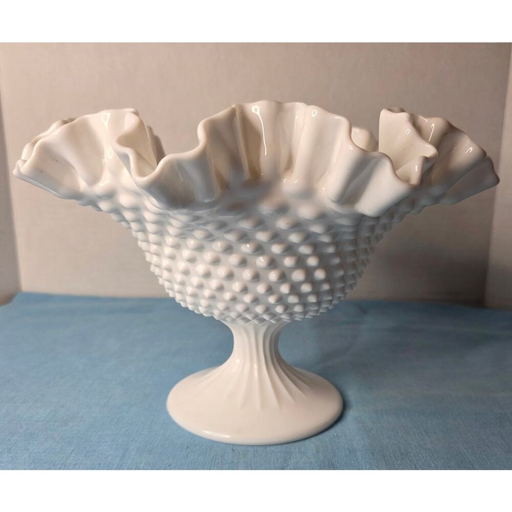 Fenton White Hobnail Milk Glass Ruffled Footed Bowl
